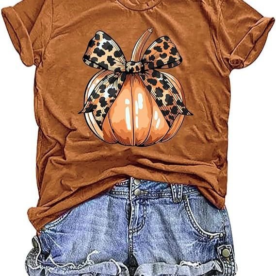 Women Thanksgiving Pumpkin Print Colored Cotton T-Shirt