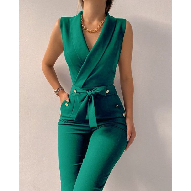 Summer Women Casual V-Neck Sleeveless Lace-Up Slim Fit Jumpsuits