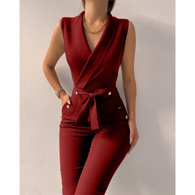 Summer Women Casual V-Neck Sleeveless Lace-Up Slim Fit Jumpsuits