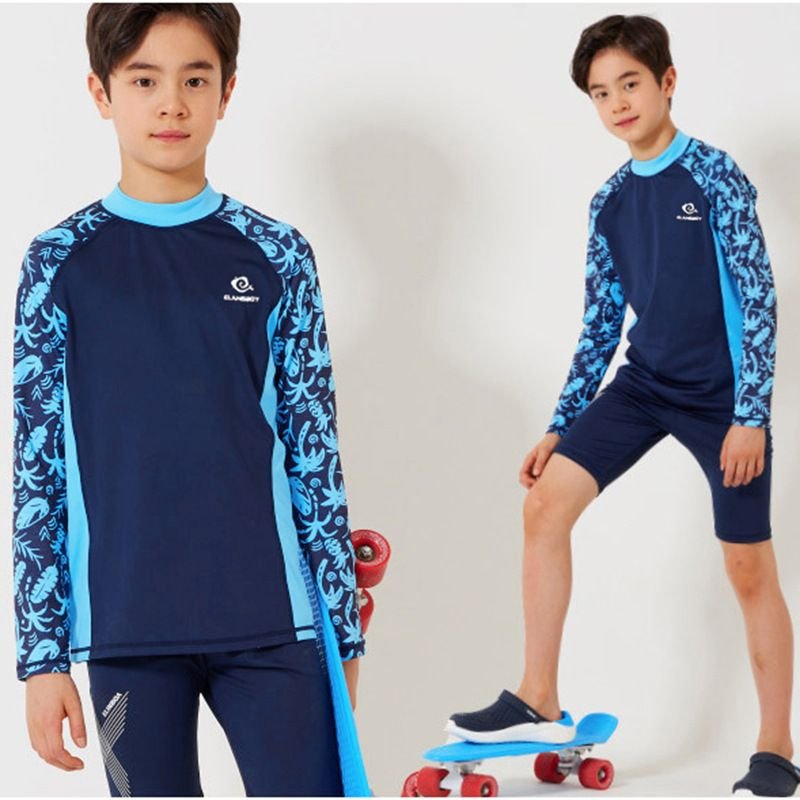 Children Kids Baby Fashion Boys Long Sleeve Quick-Drying Cartoon Print Swimsuit 3pcs Set