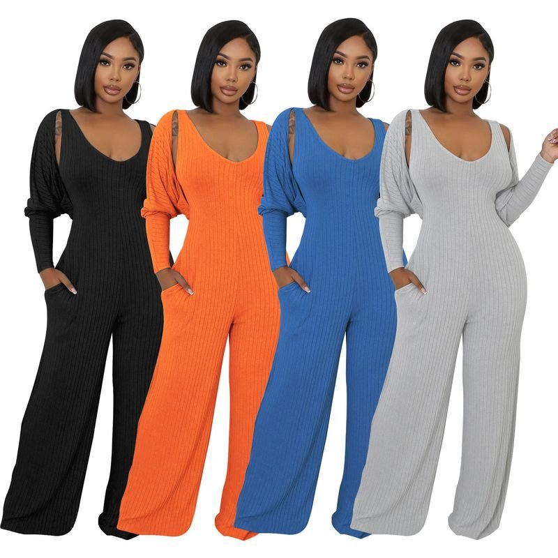 Women Fashion Solid Color Deep V Sleeveless Wide Leg Jumpsuits Long Sleeve Shawl Set