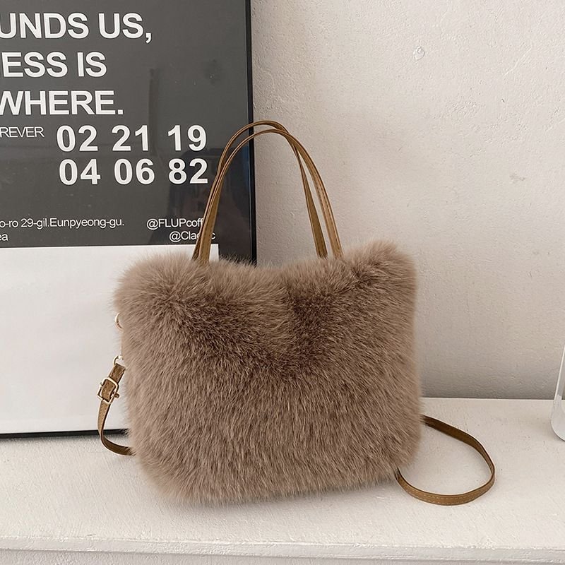 Autumn Winter Women Simple Solid Color Plush Handle Shoulder Bag