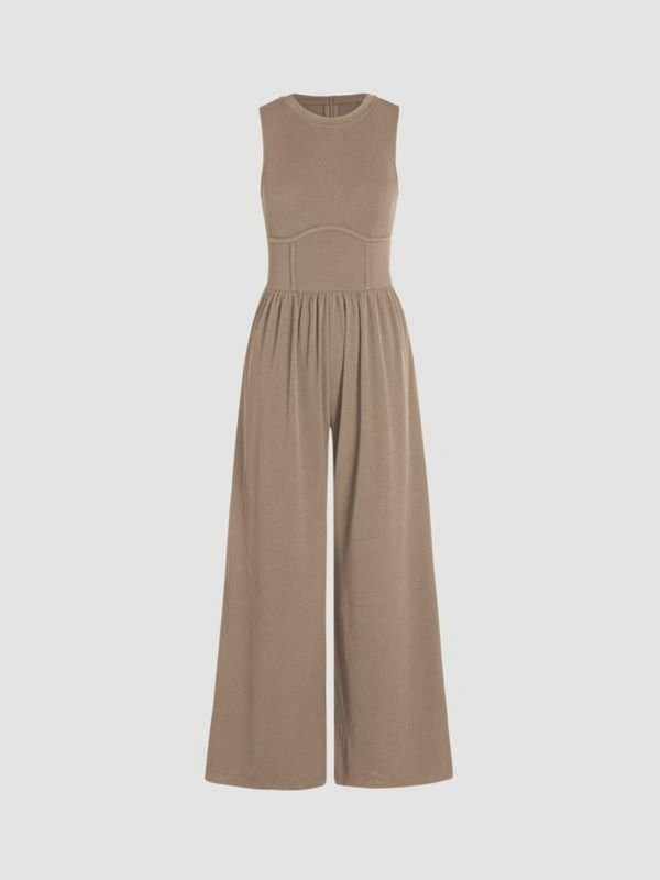 Women Fashion Casual Solid Color Sleeveless Wide Leg Jumpsuits