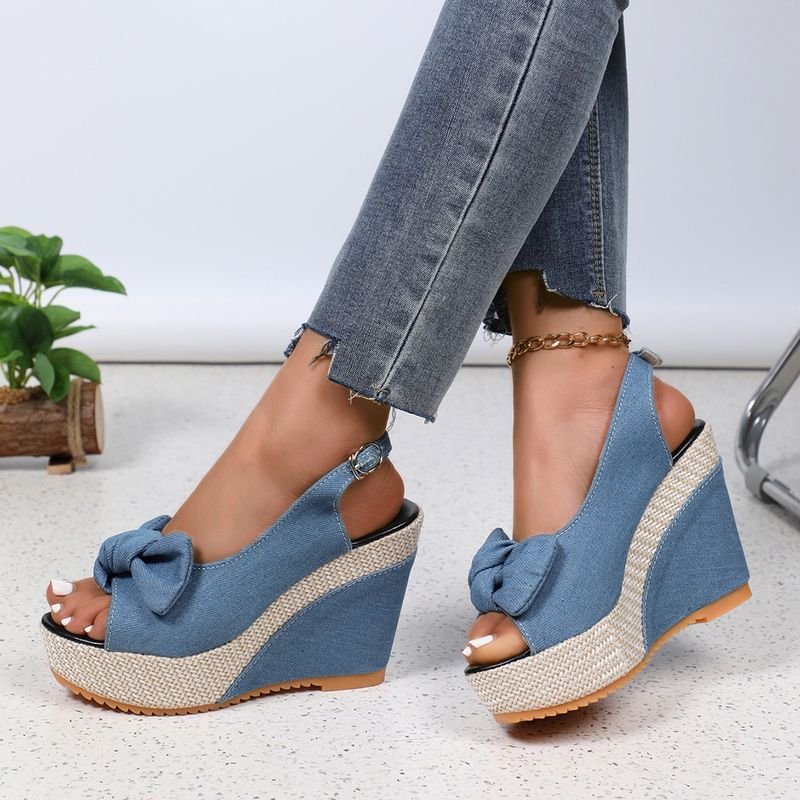 Summer Women Fashion Plus Size Wedge Heel Platform Peep Toe Bow Sandals