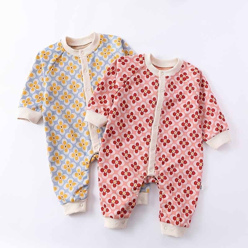 Kids Baby Boys Girls Casual Cute Flower Print Long Sleeve Romper