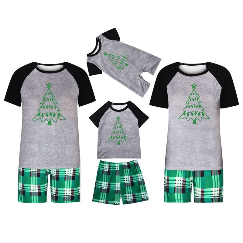 Simple Cartoon Christmas Tree Print Round Neck Short-Sleeved Top Shorts Home Parent-Child Pajamas Set