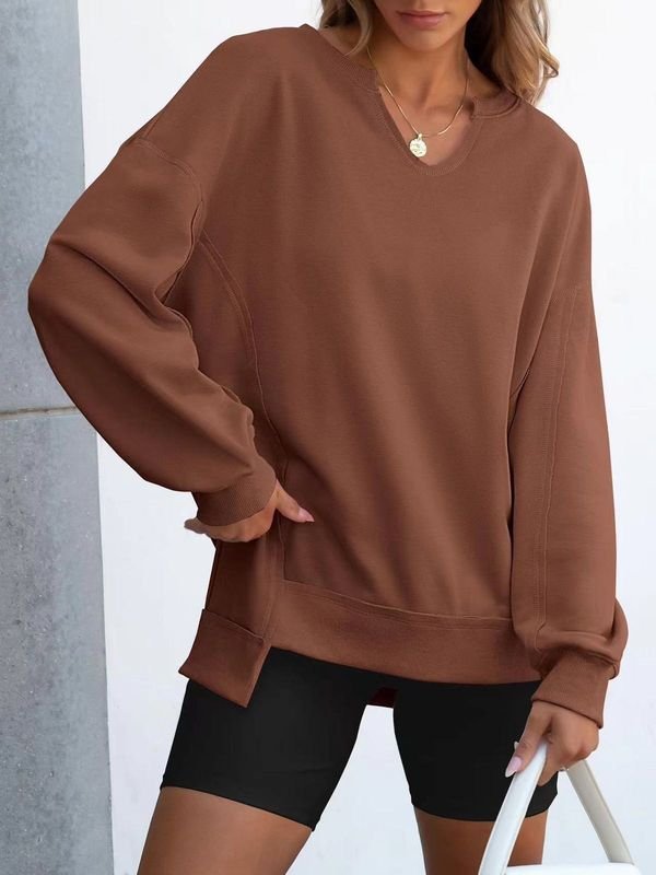 Autumn Winter Women Fashion Solid Color Loose Irregular Hem Long Sleeve Sweatshirt