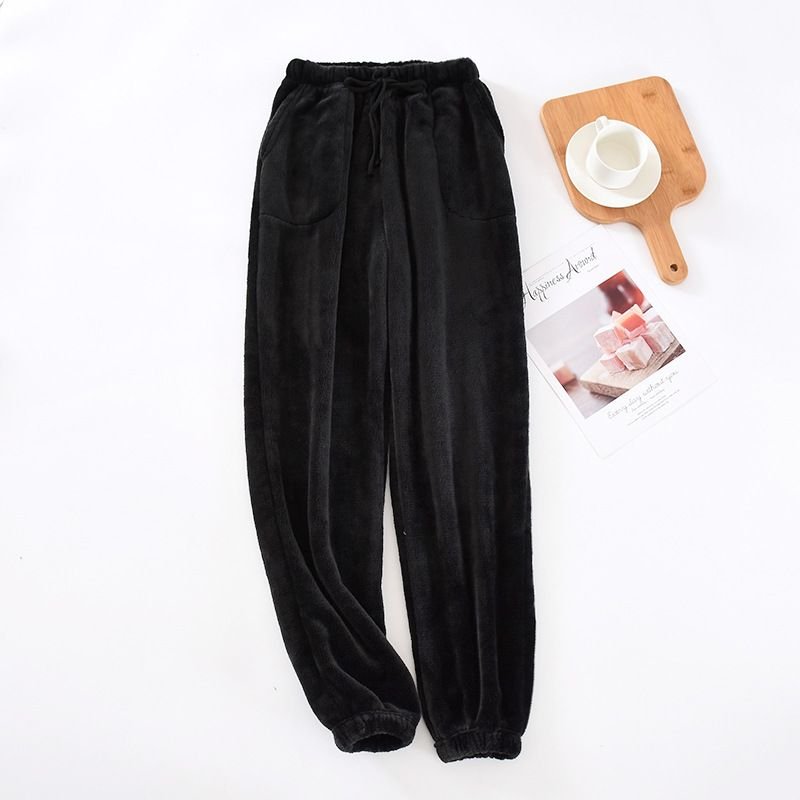 Men Autumn Winter Casual House Pajamas Solid Color Flannel Trousers