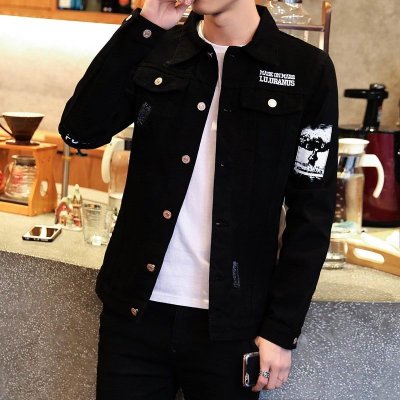 Men Fashion Casual Alphabet Slim-Fit Long Sleeve Lapel Denim Jacket