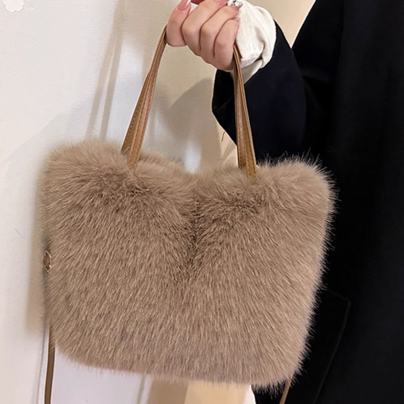 Autumn Winter Women Simple Solid Color Plush Handle Shoulder Bag