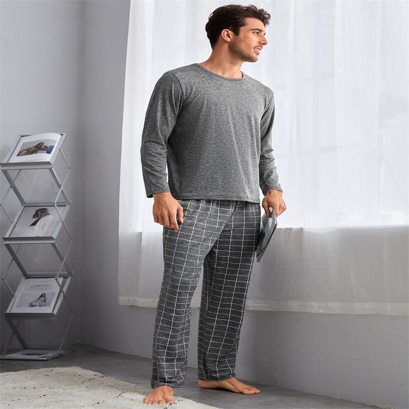 Men Casual Round Neck Long Sleeve Pajamas Plaid Trousers Suit