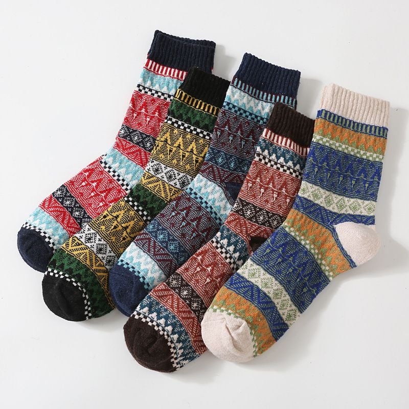 Autumn Winter Men Retro Ethnic Style Diamond Corrugated Thick Warm Socks