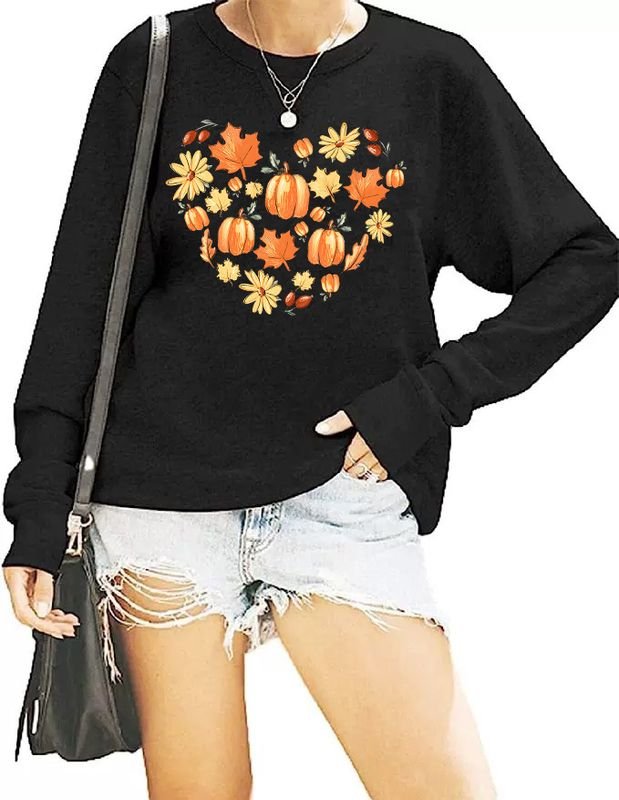 Thanksgiving Women Fashion Maple Leaf Pumpkin Print Round Neck Long Sleeve Sweatshirt