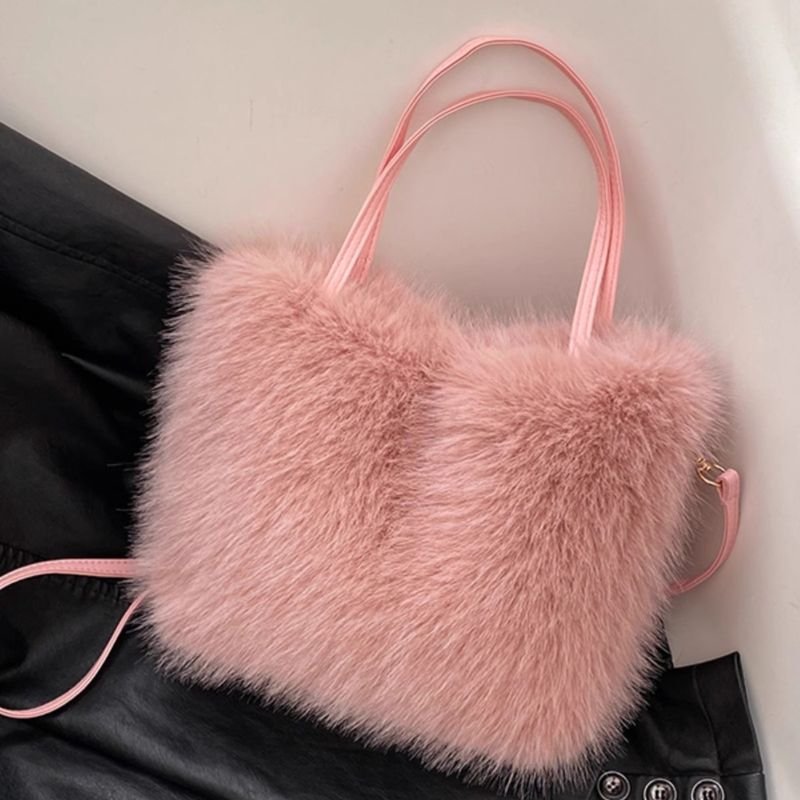 Autumn Winter Women Simple Solid Color Plush Handle Shoulder Bag