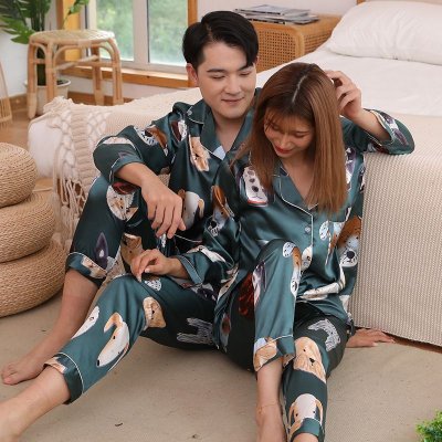 Summer Ice Silk Pajamasfashion Cute Animal Cartoon Printed Couple Homewear Loungewear Sleepwear