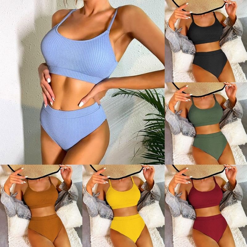 Summer Women Fashion Sexy Solid Color Sling High Waist Swimsuit Set