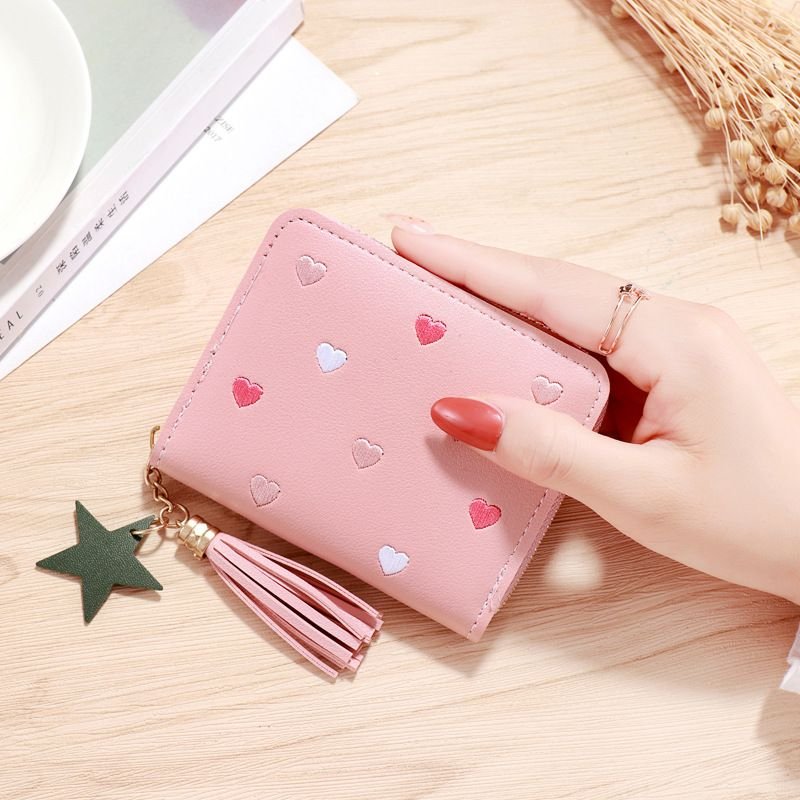 Women Fashion Casual Heart Pattern PU Zipper Wallets