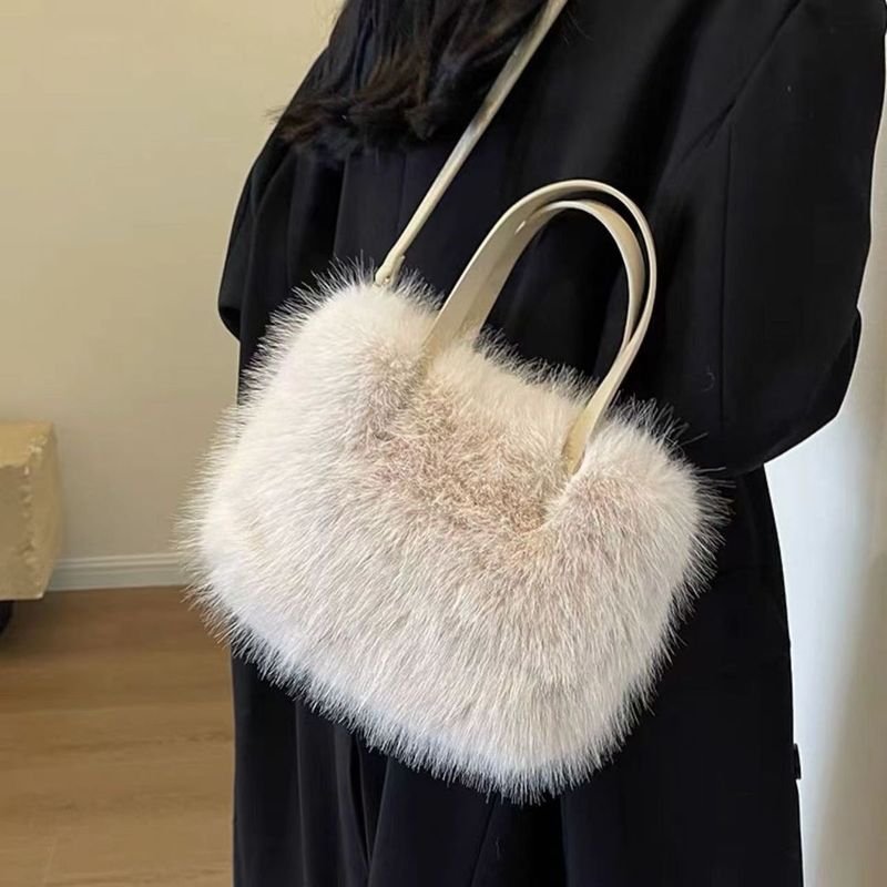 Autumn Winter Women Simple Solid Color Plush Handle Shoulder Bag