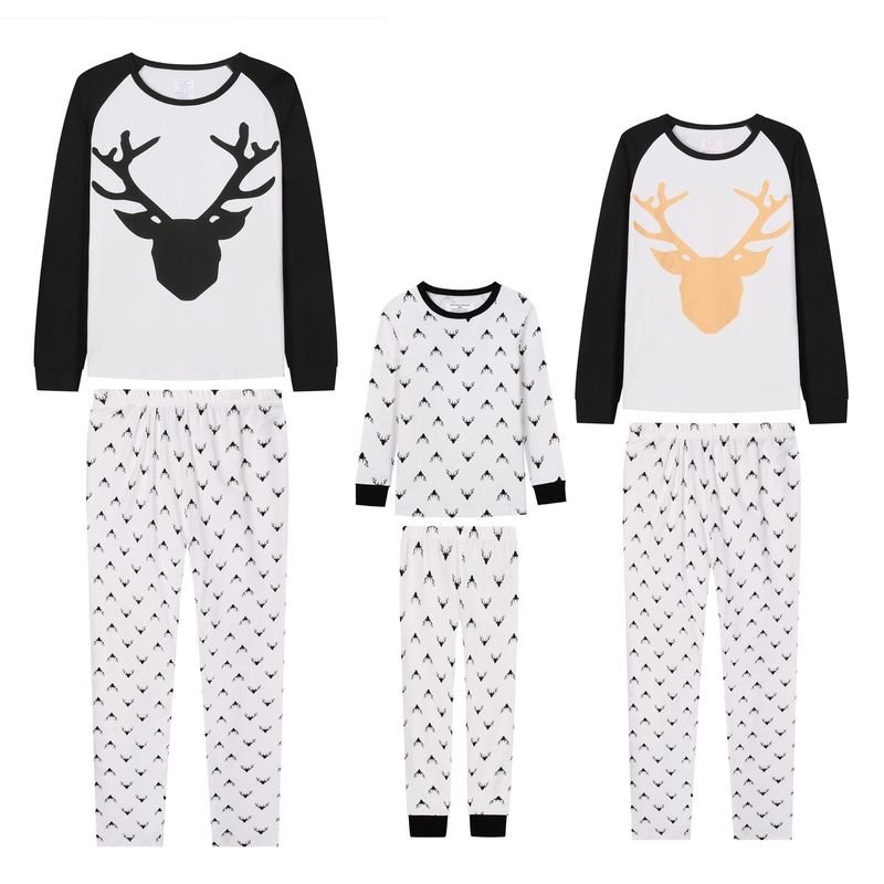 Cartoon Fashion Christmas Elk Black Red Plaid Print Round Neck Long Sleeve Home Parent-Child Pajamas Set