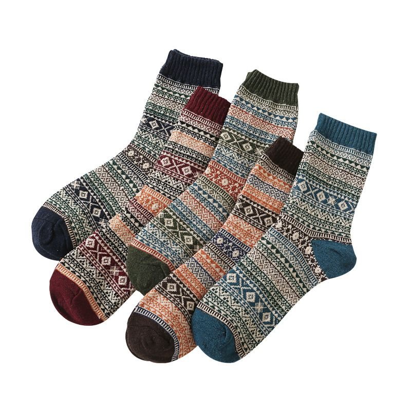 Autumn Winter Men Retro Ethnic Style Diamond Corrugated Thick Warm Socks