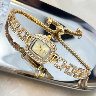 Women Fashion Square Dial Diamond Pull-Out Bracelet Watch