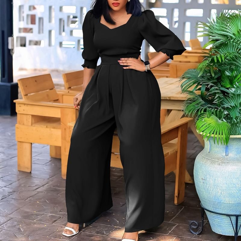 Women Fashion Casual Solid Color Long Sleeve Loose Wide Leg Jumpsuits