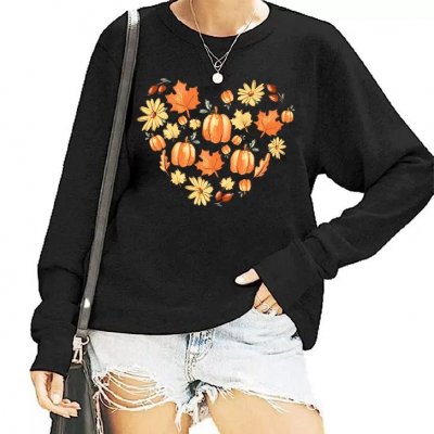 Thanksgiving Women Fashion Maple Leaf Pumpkin Print Round Neck Long Sleeve Sweatshirt