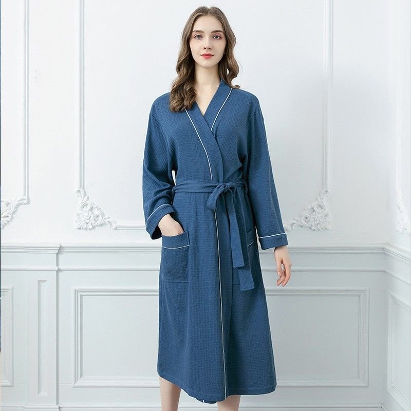 Couples Spring Autumn Fashion Casual Home Solid Color Waffle V Neck Long Sleeve Robes Sleepwear