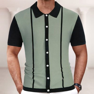 Men Fashion Casual Color Matching Stripe Cardigan Knitted Short Sleeve Lapel Shirt