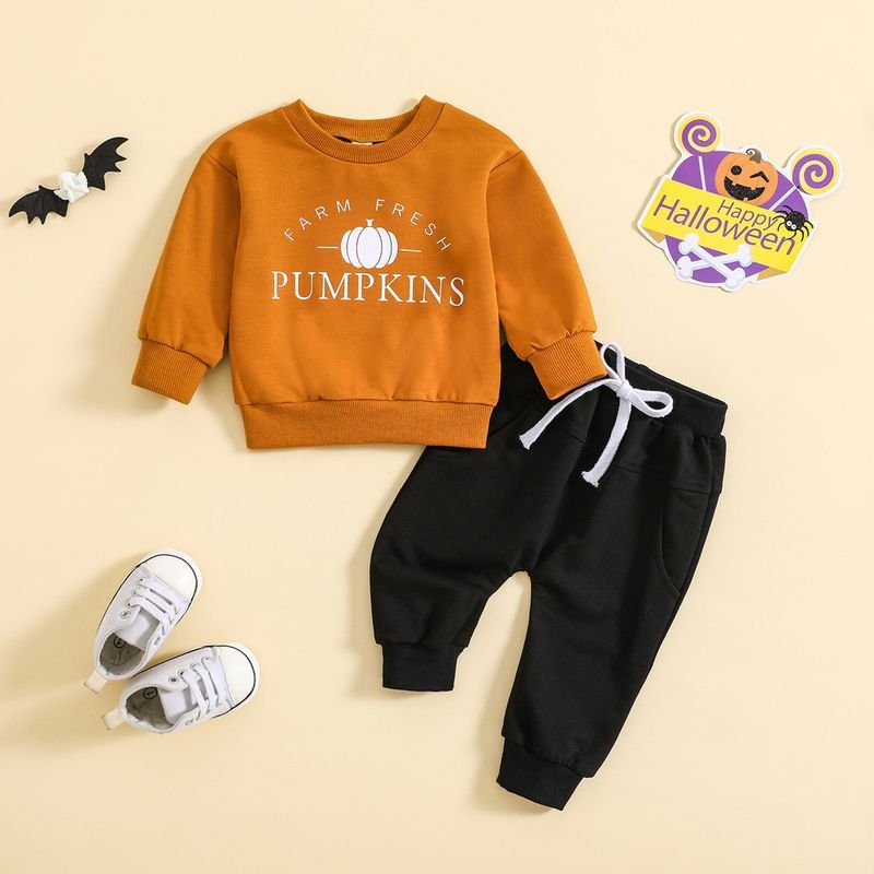 Kids Baby Boys Girls Casual Cute Thanksgiving Alphabet Pumpkin Embroidery Long Sleeve Sweatshirts Trousers Sets