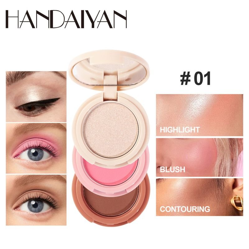 Handaiyan Women Simple Long-Lasting Natural High-Gloss Blush Eye Shadow Brightening Fit Plate Three-In-One Makeup