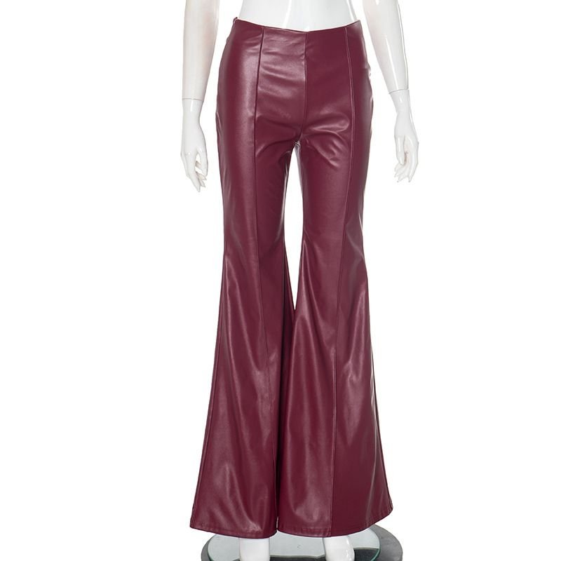 Women Fashion Solid Color High Waist PU Flared Pants