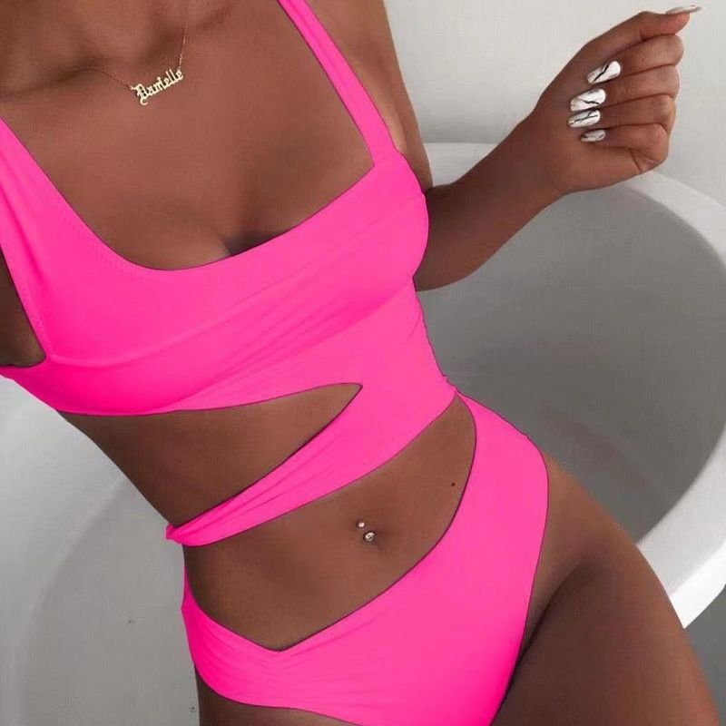 Women Basic Sleeveless Solid Color Cut Out Bandage One Piece Swimwear