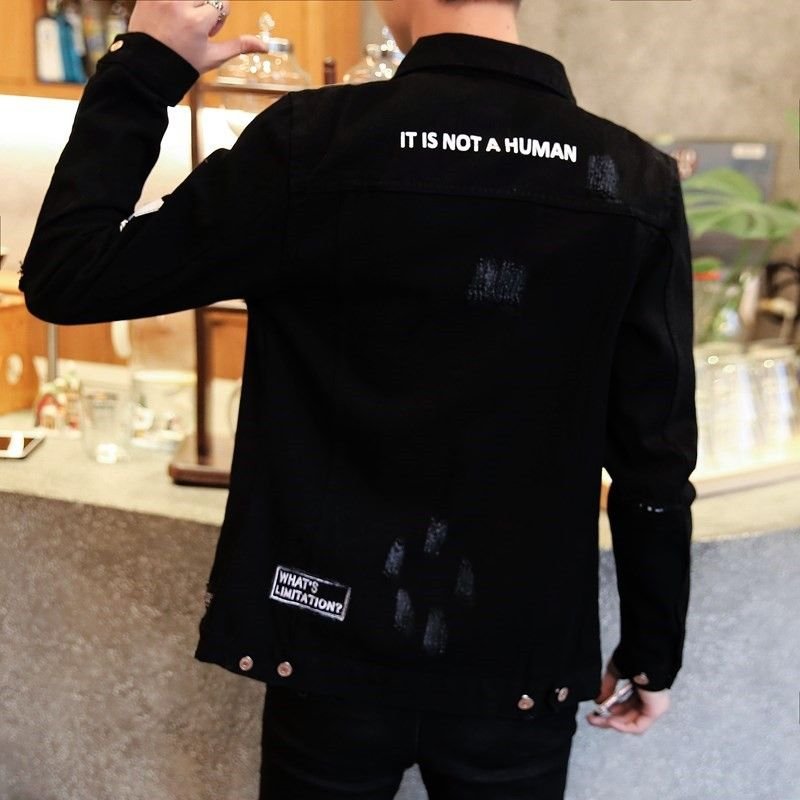 Men Fashion Casual Alphabet Slim-Fit Long Sleeve Lapel Denim Jacket