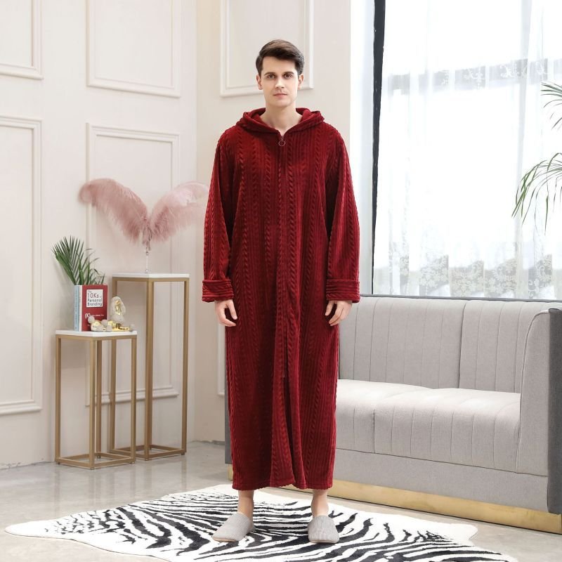 Couples Winter Casual Home Solid Color Rib-Knit Flannel Hooded Zipper Long Sleeve Robes Sleepwear