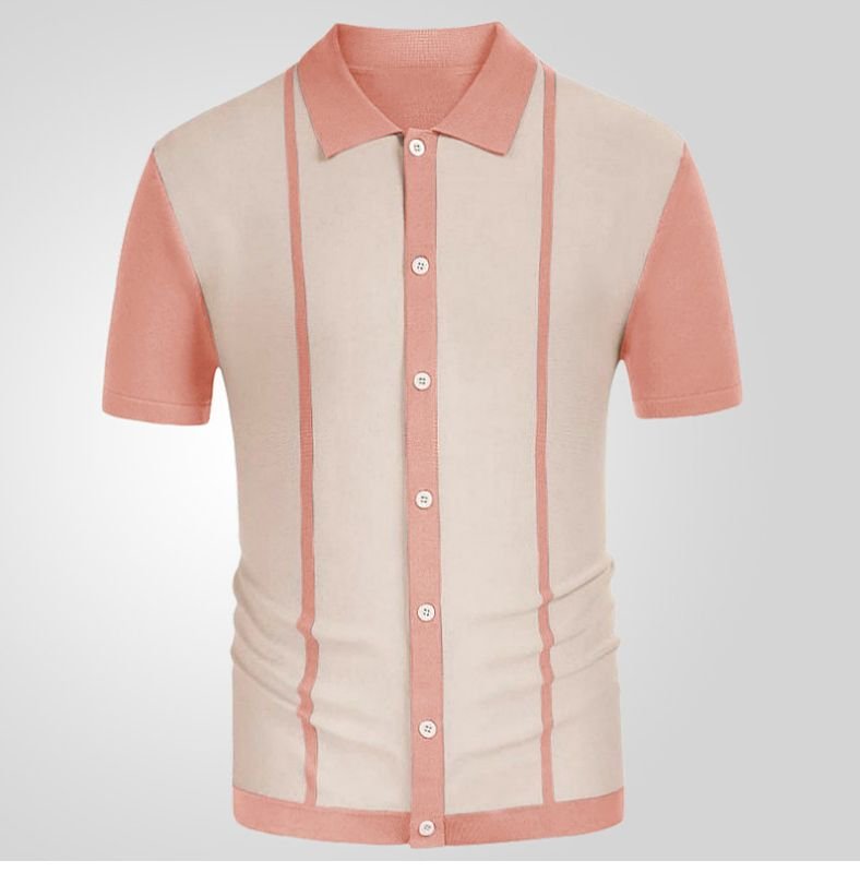 Men Fashion Casual Color Matching Stripe Cardigan Knitted Short Sleeve Lapel Shirt