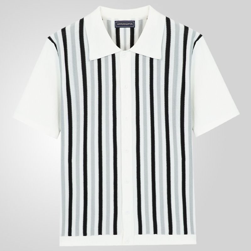 Men Fashion Casual Stripe Cardigan Knitted Short Sleeve Lapel Shirt