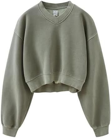 Autumn And Winter Vintage Washed Fleece-Lined V-Neck Sweatshirt Women Top Custom