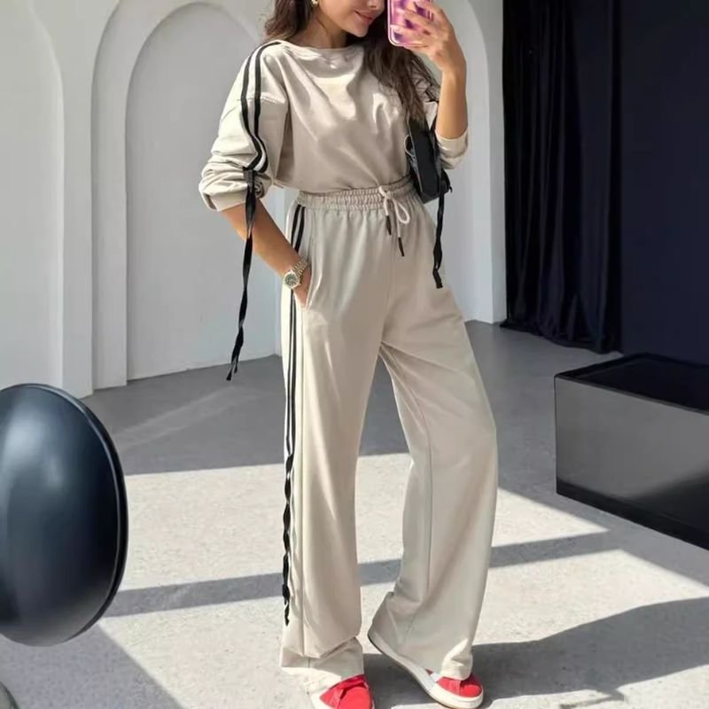 Plus Size Autumn And Winter Women Athleisure Contrast Color Ribbon Stripe Pullover Sweatshirt Pants Set