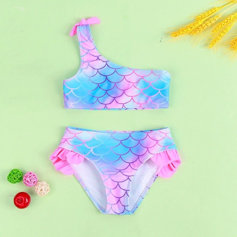 Kids Baby Girls Casual Cute Fish Scale Print One-Shoulder One Piece Swimwear