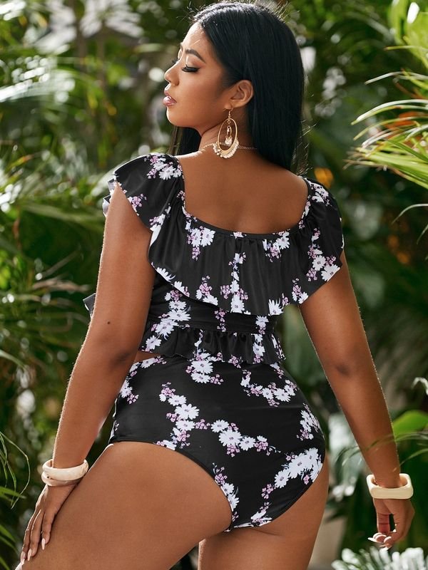 Women Fashion Sexy Plus Size Floral Print Strap Swimsuit Set