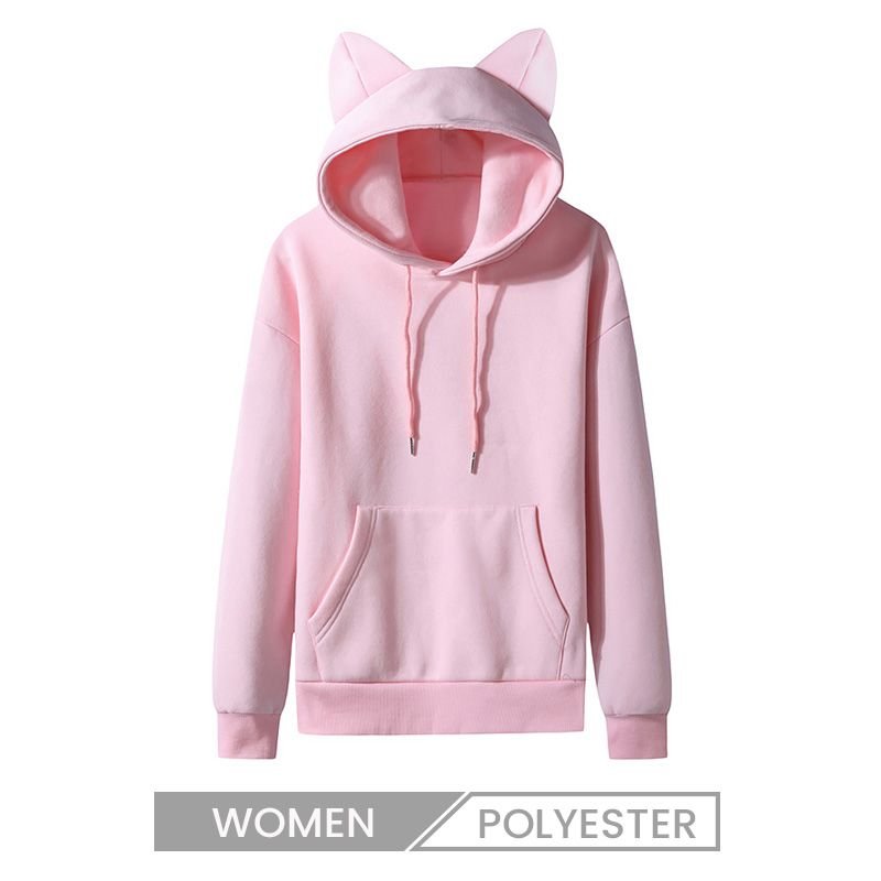 Women Casual Solid Color Fleece-Lined Cat Ear Design Custom Hoodie