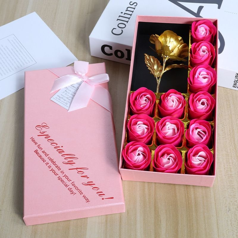 Valentine'S Day Simulation Flower 12 Gold Foil Soap Rose Small Gift Box