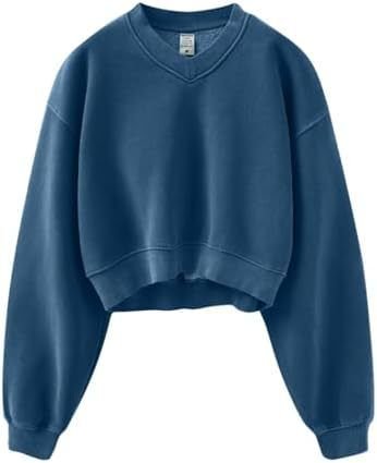 Autumn And Winter Vintage Washed Fleece-Lined V-Neck Sweatshirt Women Top Custom