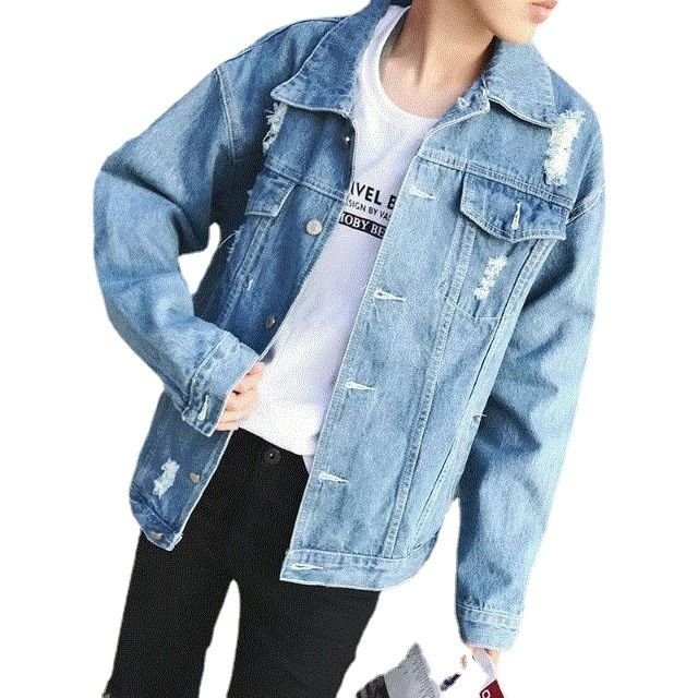 Men Fashion Casual Ripped Long Sleeve Lapel Denim Jacket