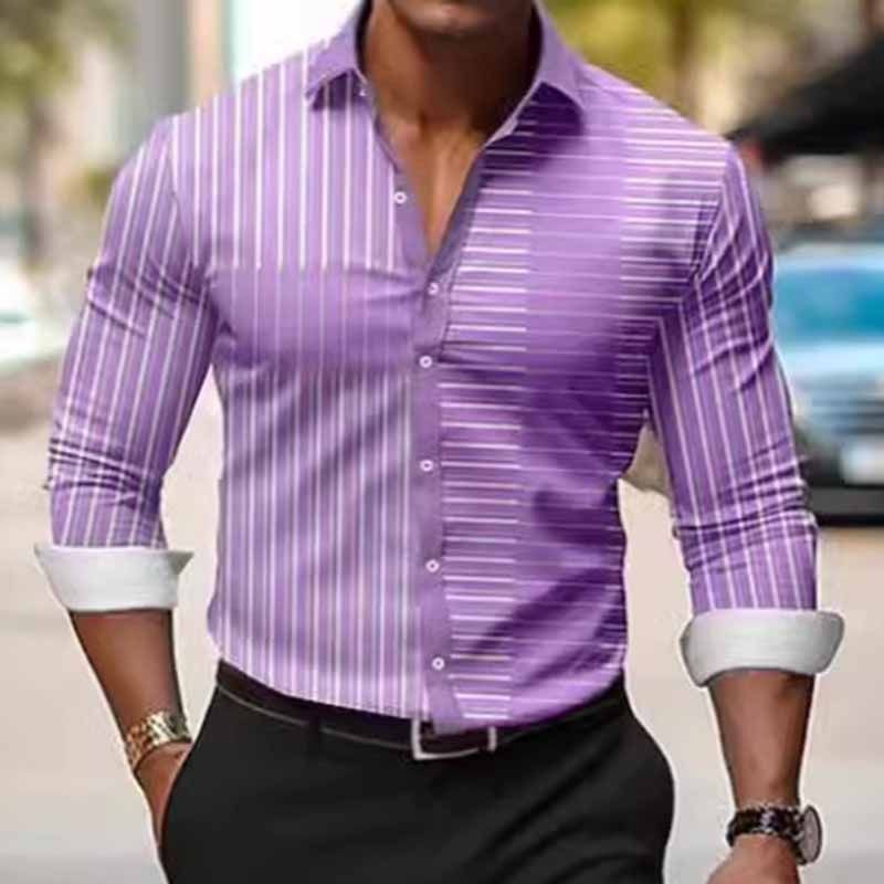 Men Fashion Casual Basic Stripe Print Plus Size Long Sleeve Lapel Shirt